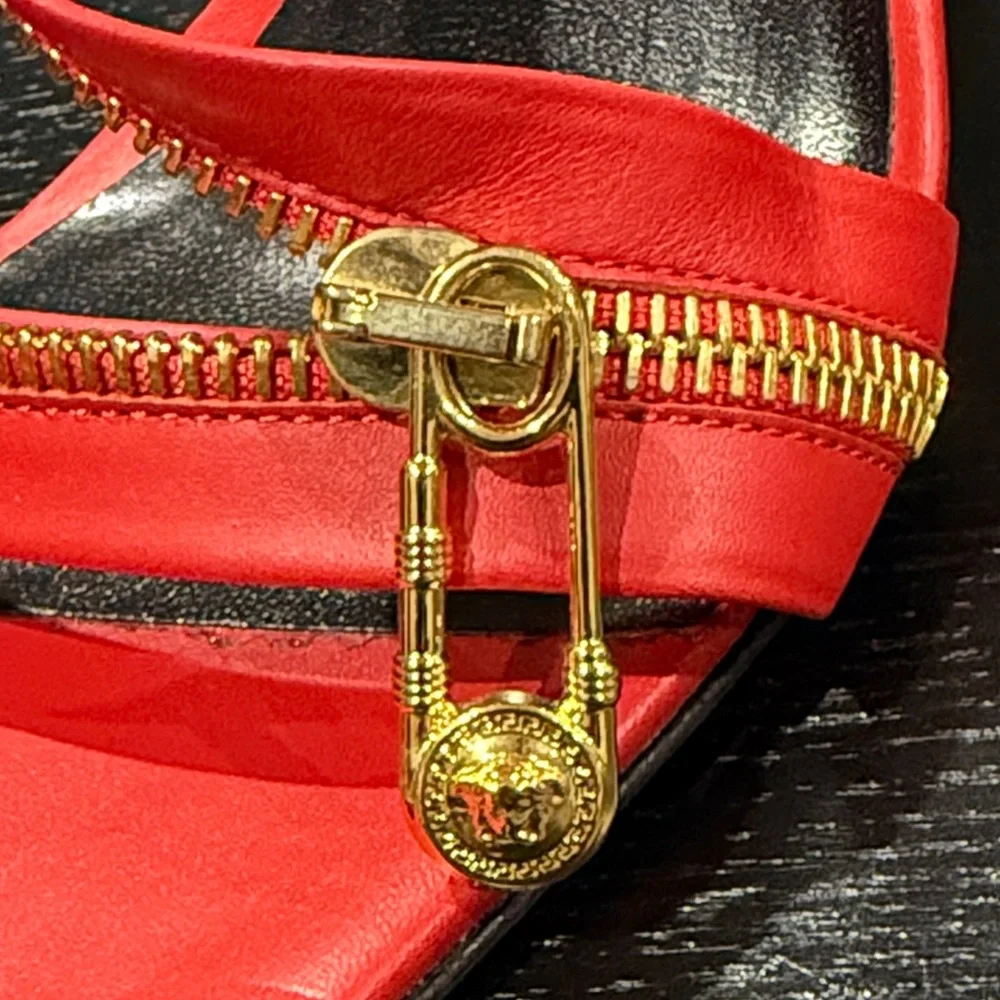 Versace Red Leather Zip Detail Heels | Size 38 | Gold Hardware - Picture 6 of 13